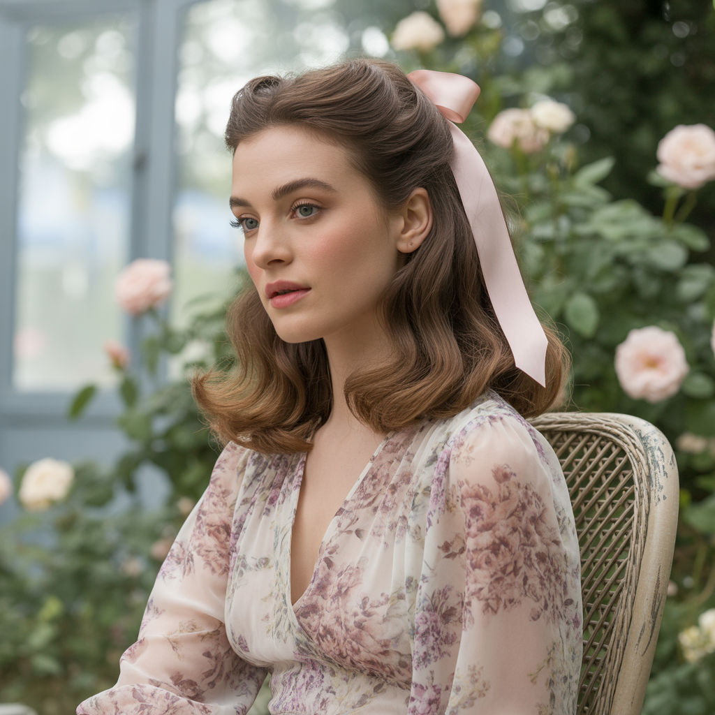 15 Timeless Old Money Brunette Hairstyles for Women 6 Half-Up Ribbon Style