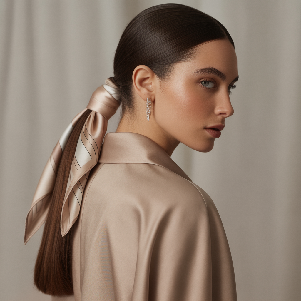 15 Timeless Old Money Brunette Hairstyles for Women 8 Low Ponytail with Silk Wrap
