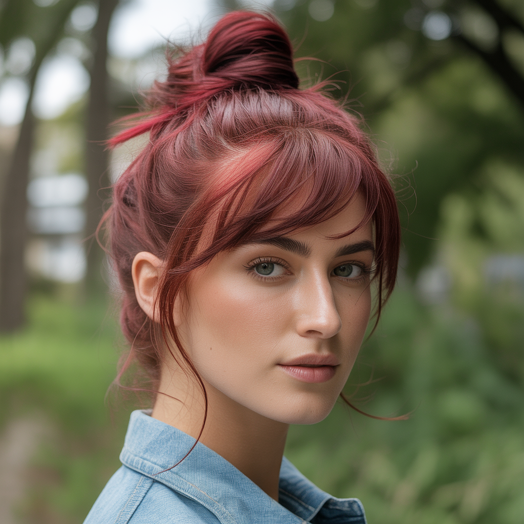 18 Ideas About Bold Cherry Bomb Hairstyles to Rock with Confidence 7 Messy Cherry Bun with Face-Framing Strands