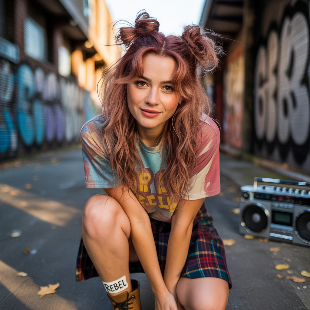 15 Trendy Grunge Hairstyles for Women with Rock-Chic Flair 14 Space Buns with Loose Waves