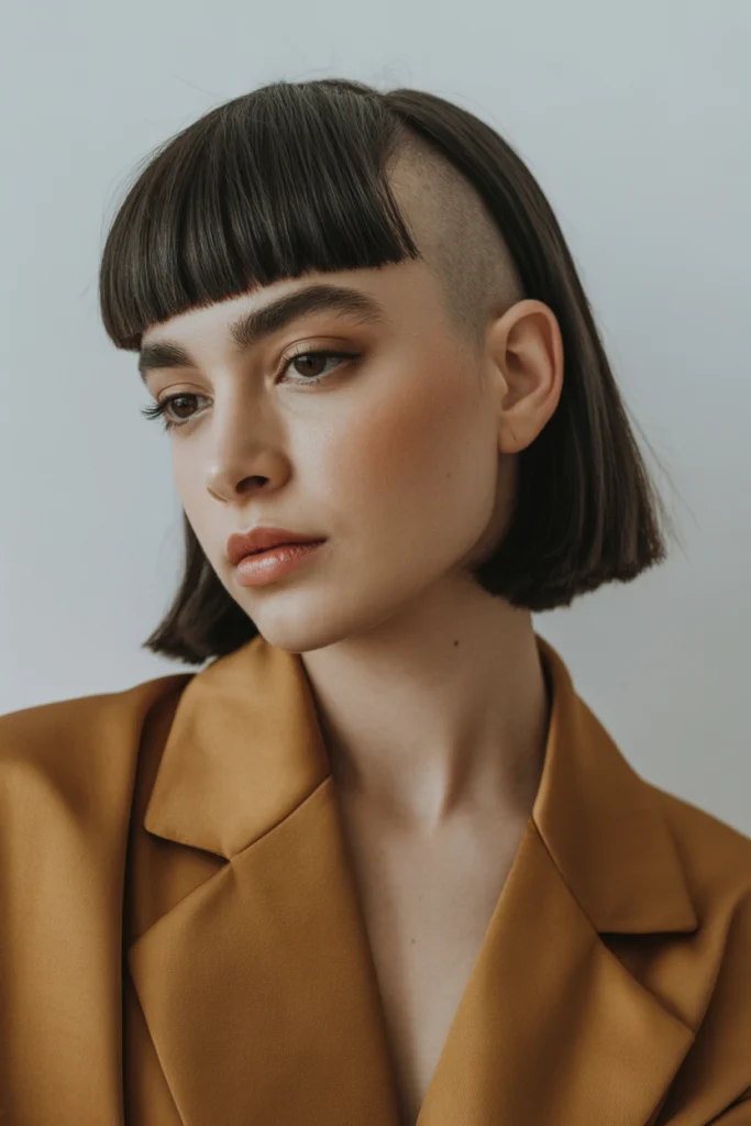 Stunning 15 Side Shaved Hairstyles Ideas You’ll Love 8 a chic woman with short blunt bangs and 7bvmDhZzRLqEEeyKa1TrmQ b6ZxK xxRBymLQkGRWk9Nw