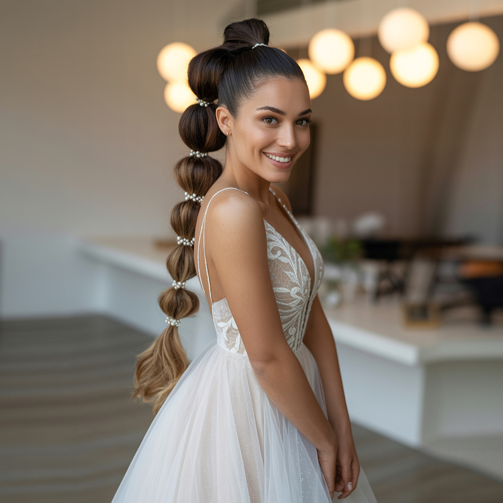 20 Stunning Wedding Braid Hairstyles for Every Bride 17 High Ponytail with Braid Wrap