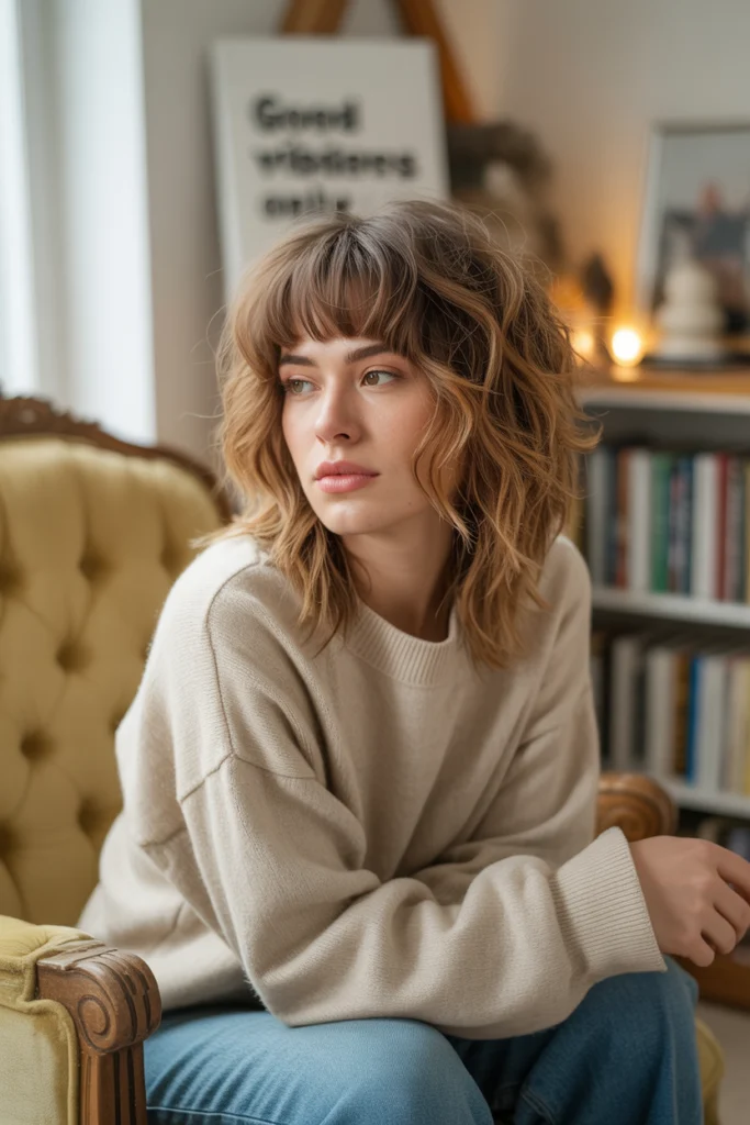 15 Wolf Cut with Curtain Bangs Ideas That Are Seriously Trending 14 Messy Wolf Cut with Air-Dried Curtain Bangs