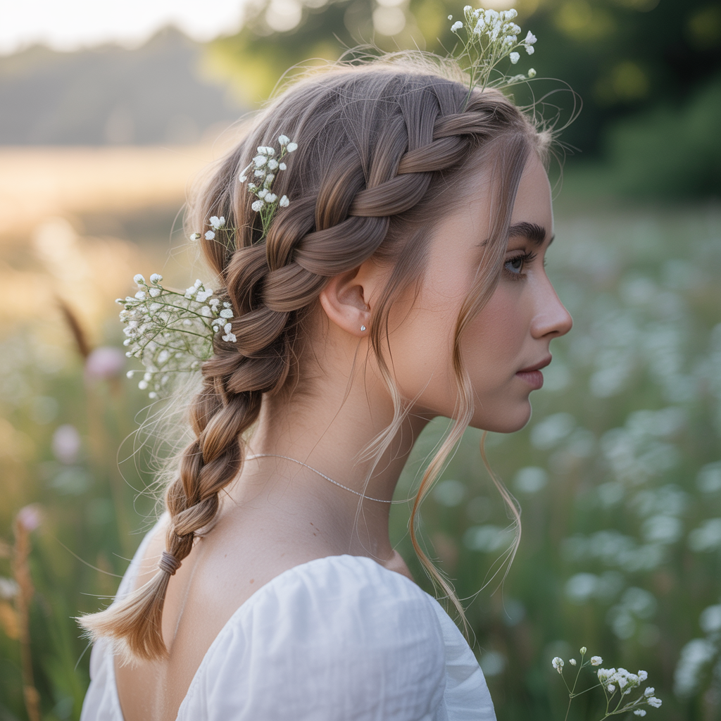 20 Stunning Wedding Braid Hairstyles for Every Bride 19 Loose Braid with Fresh Flowers