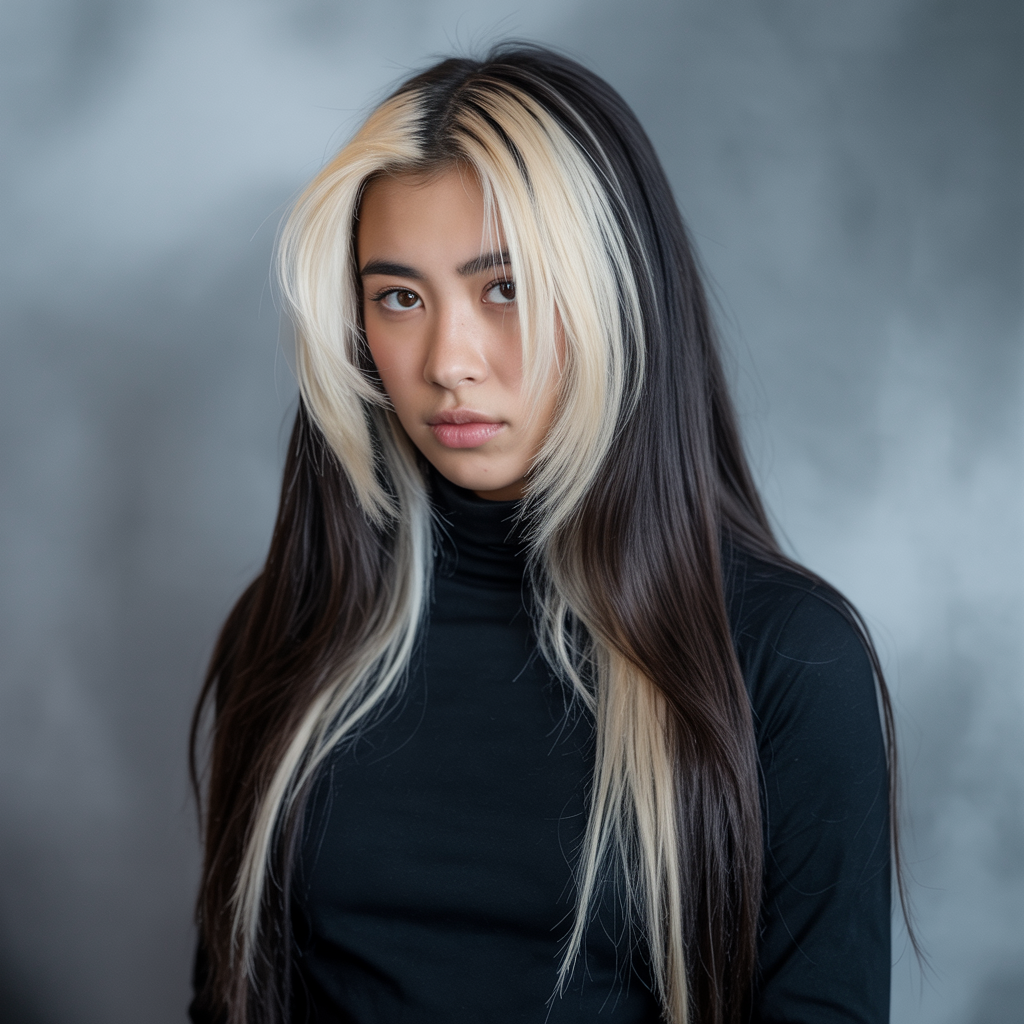 13 Trendy Y2K Skunk Hair Ideas for a Bold and Retro Look 1 a striking studio portrait photograph of VQjfF7IJRgir2F9ezweIiw RkyYbKnkTuKEBLuDjlwvPA