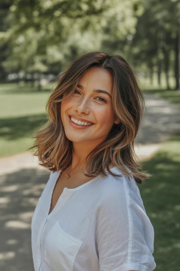 California Brunette Ideas to Elevate Your Hair Game 11 a vibrant outdoor portrait photograph of KsCS0nHWR GLLnrYzoAFFA pSmXR11MRt6DRw5CKg0jow