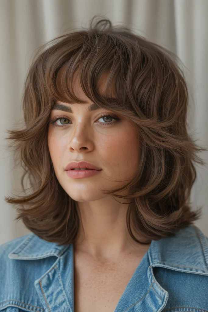 Must-See 9 Shaggy Wolf Cut with Bangs Ideas This Year 1 Classic Shaggy Wolf Cut with Curtain Bangs