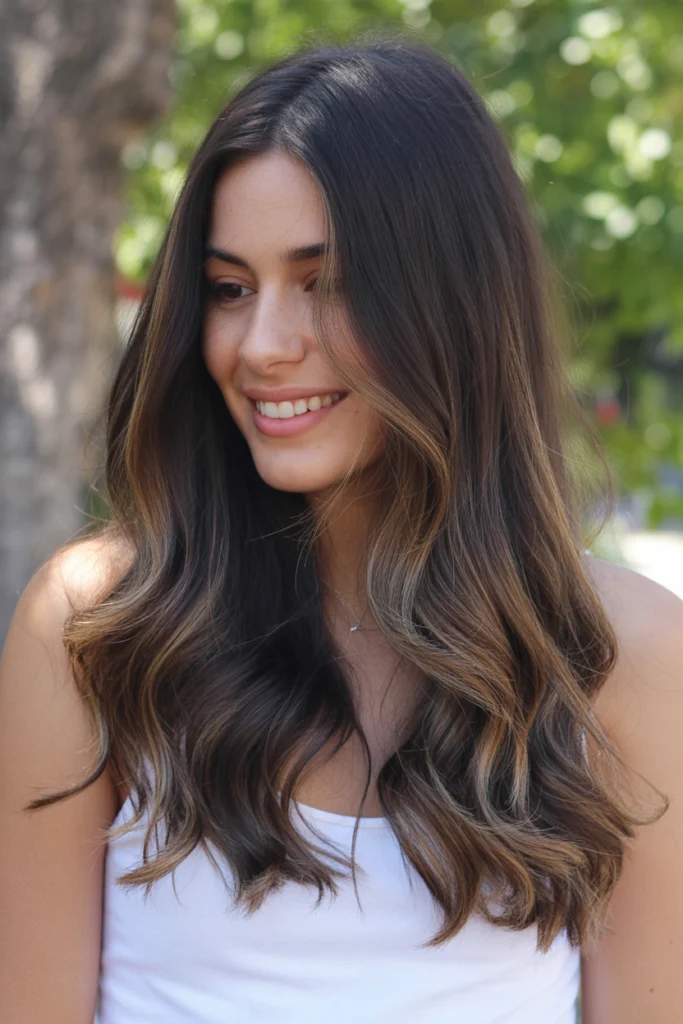 a woman with long dark brown hair styled VxwLaxk5SMORrK3QUMKRDw DfNZckqaRT6SN6v5YE SKQ