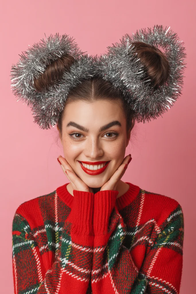 Gorgeous 25 Christmas Hairstyles Ideas for Every Holiday Event 12 fun space buns wrapped in silver tinsel 0iDM1lxYS9CJ1XO0JW QVw Fg9swdsySDasEPx FNngw
