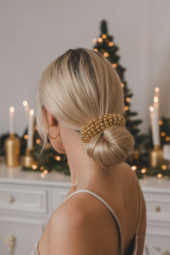 Gorgeous 25 Christmas Hairstyles Ideas for Every Holiday Event 24 low knot wrapped with gold metallic hair F0Dp8nINQBSgaxo1QQPf0w PsKnCvcpSBqrYxii252g8Q