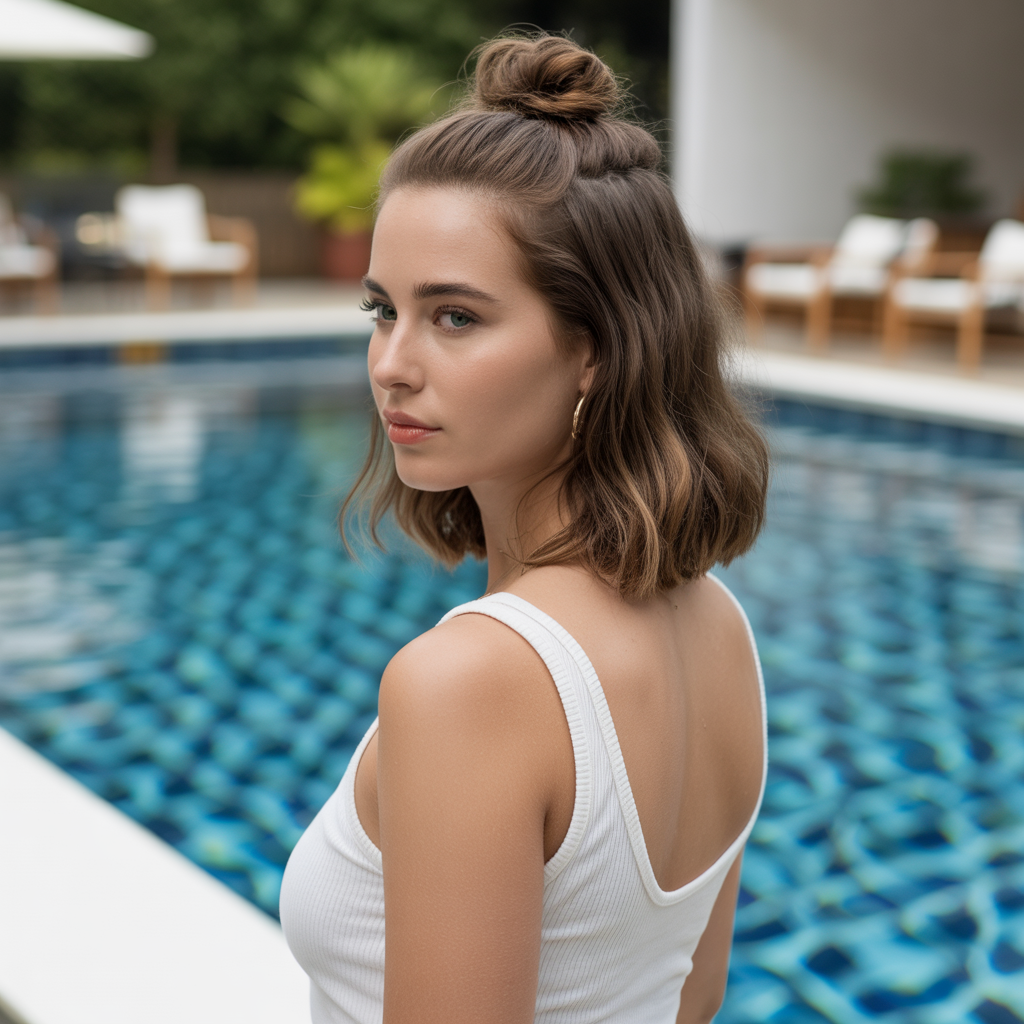 15 Cute & Easy Pool Hairstyles to Try This Summer 12 Half-Up Bun