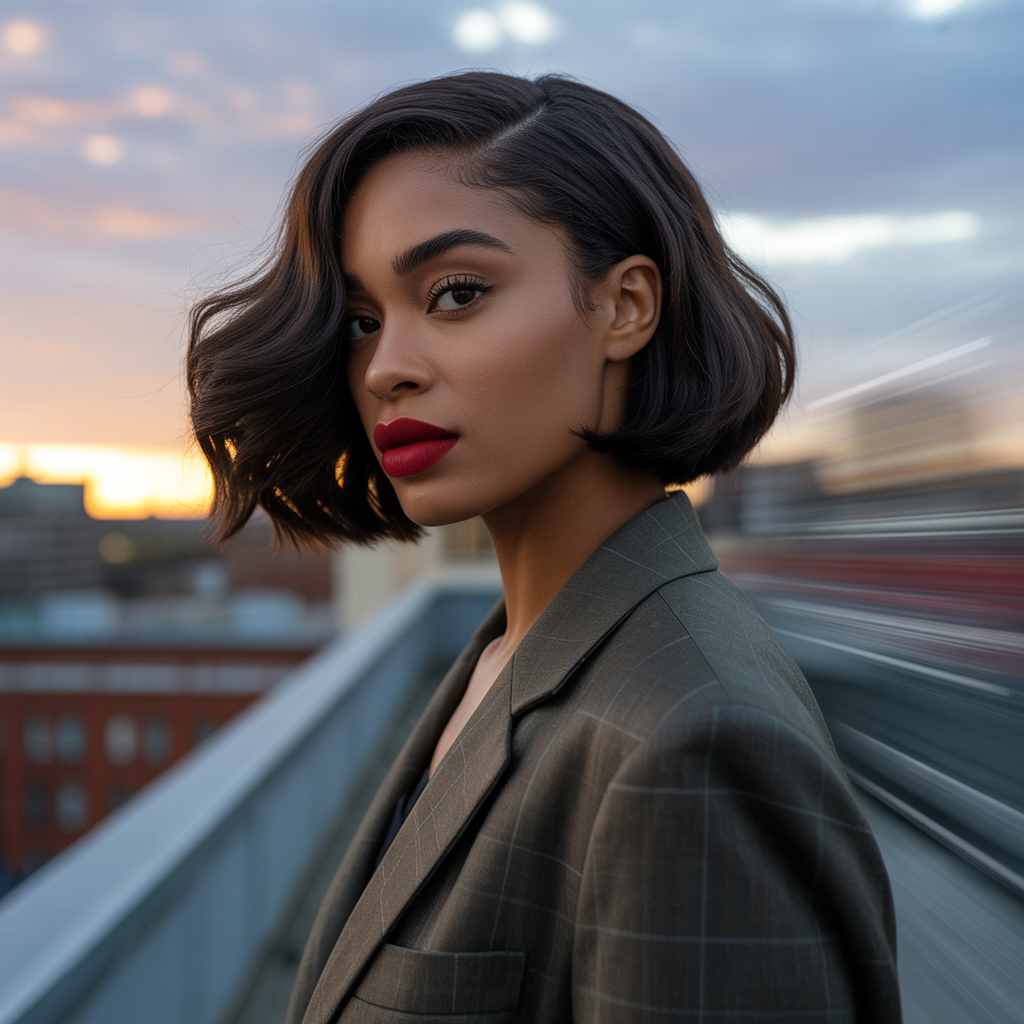 Elegant short bob ideas for black women with deep side part
