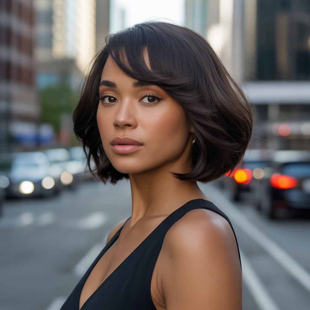 Elegant short bob ideas for black women with side-swept bangs