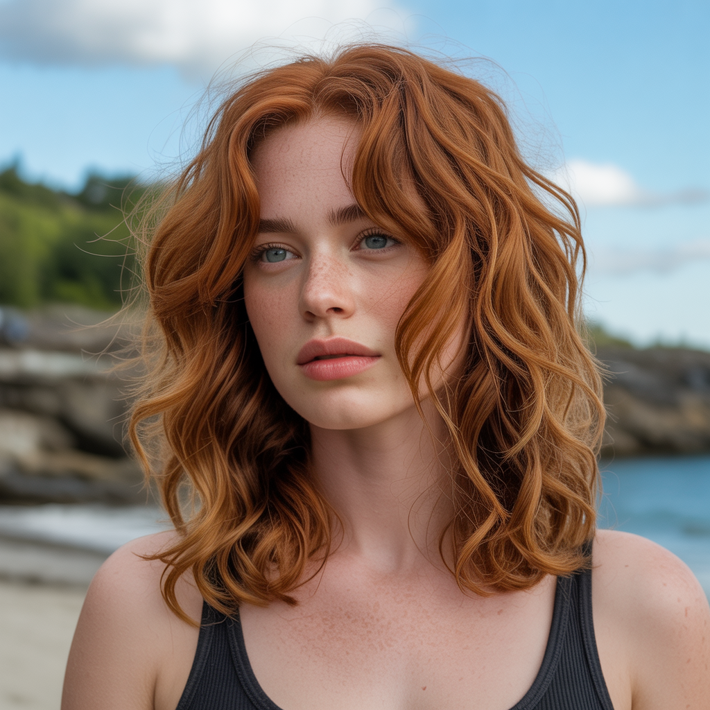 Ginger Brown Hairstyles with Beach Waves