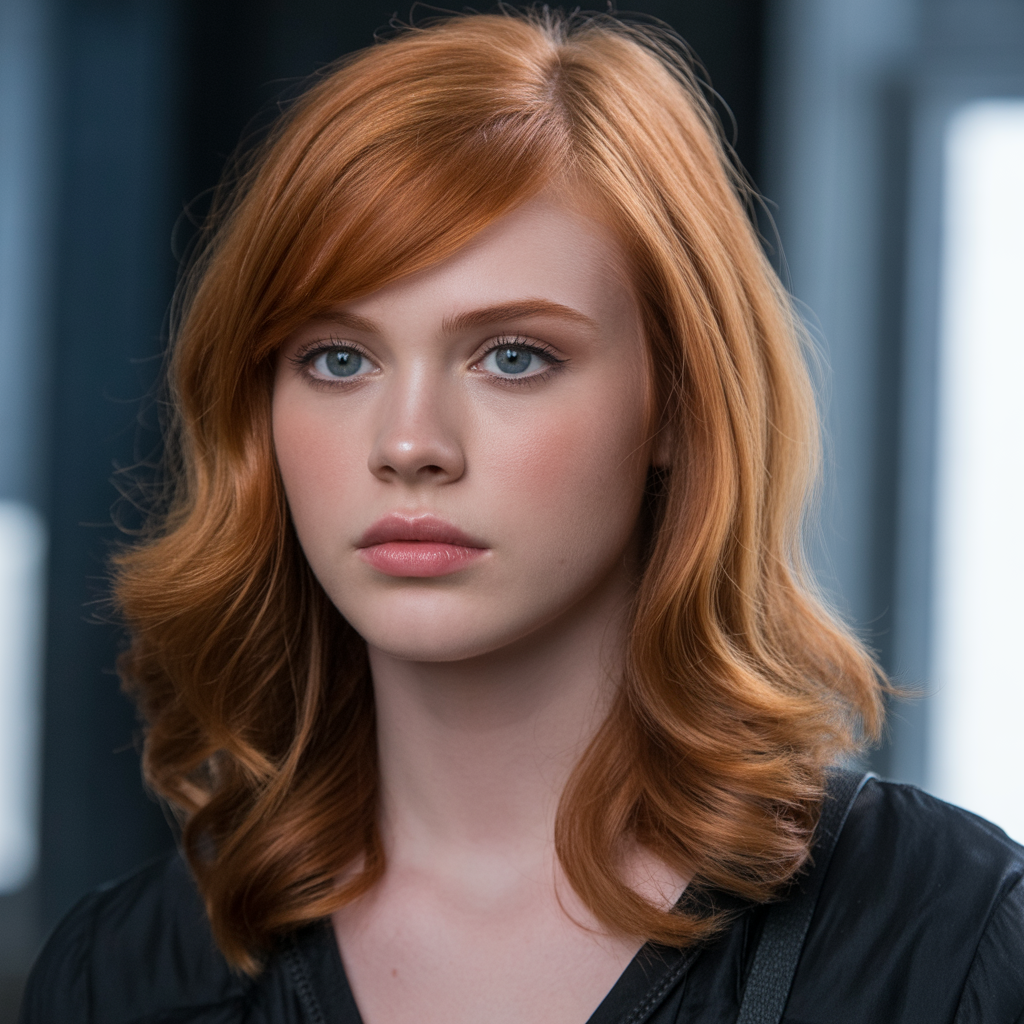 Ginger Brown Hairstyles with Side-Swept Bangs