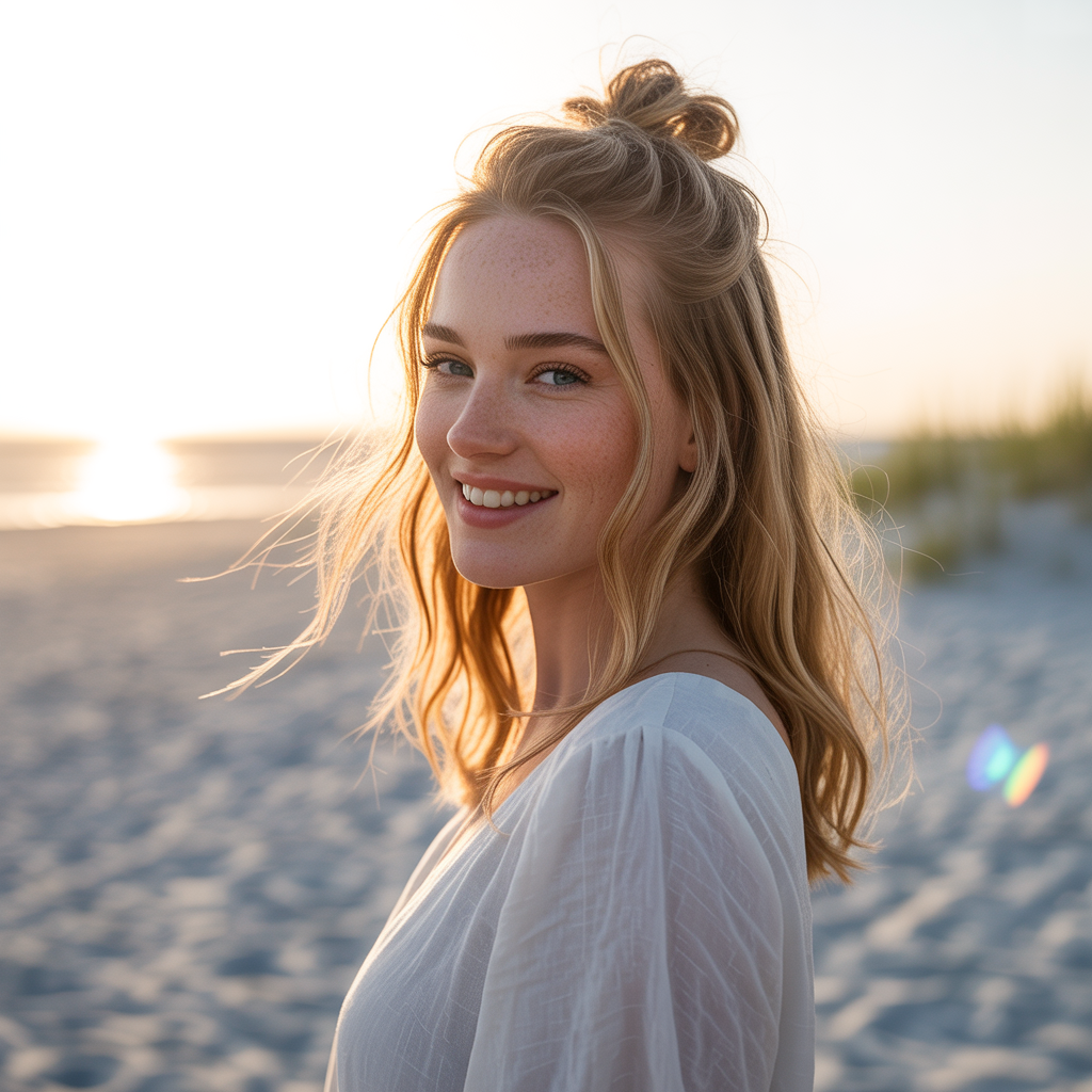 20 Trendy Sun Kissed Beach Hairstyles for Waves, Braids & Buns 3 Half-Up Knot for Sun Kissed Beach Hairstyles