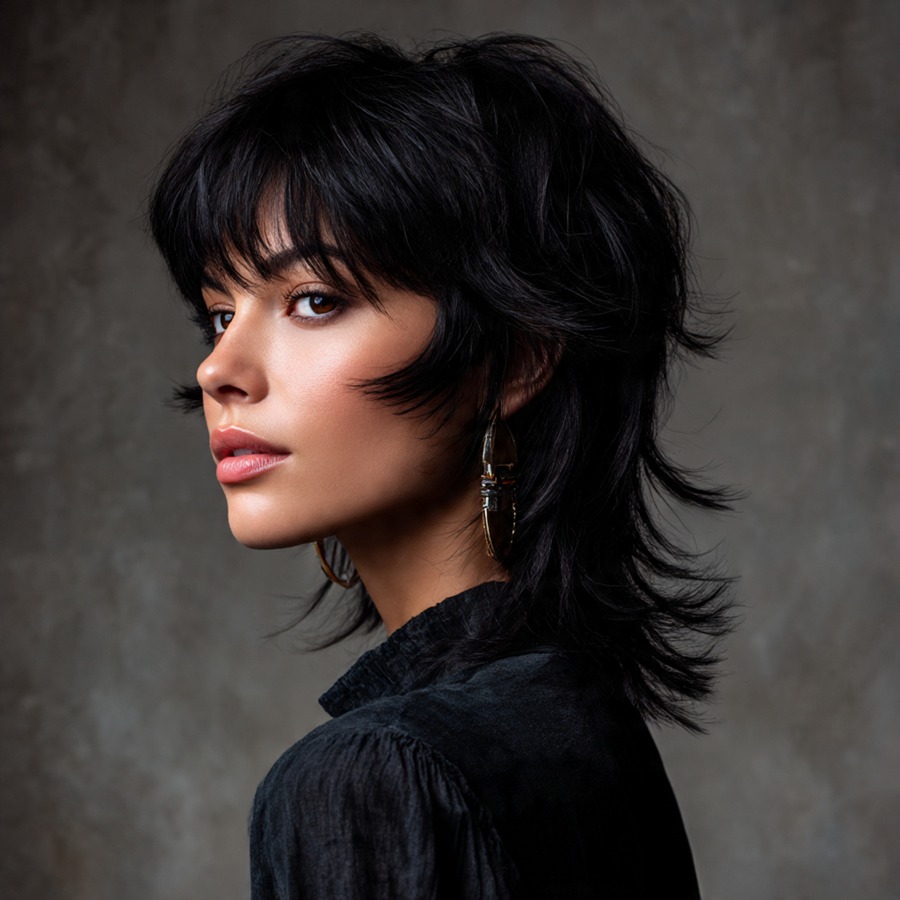 25 Black Wolf Cut Looks with Sharp Texture and Attitude 16 Black wolf cut for round face shape