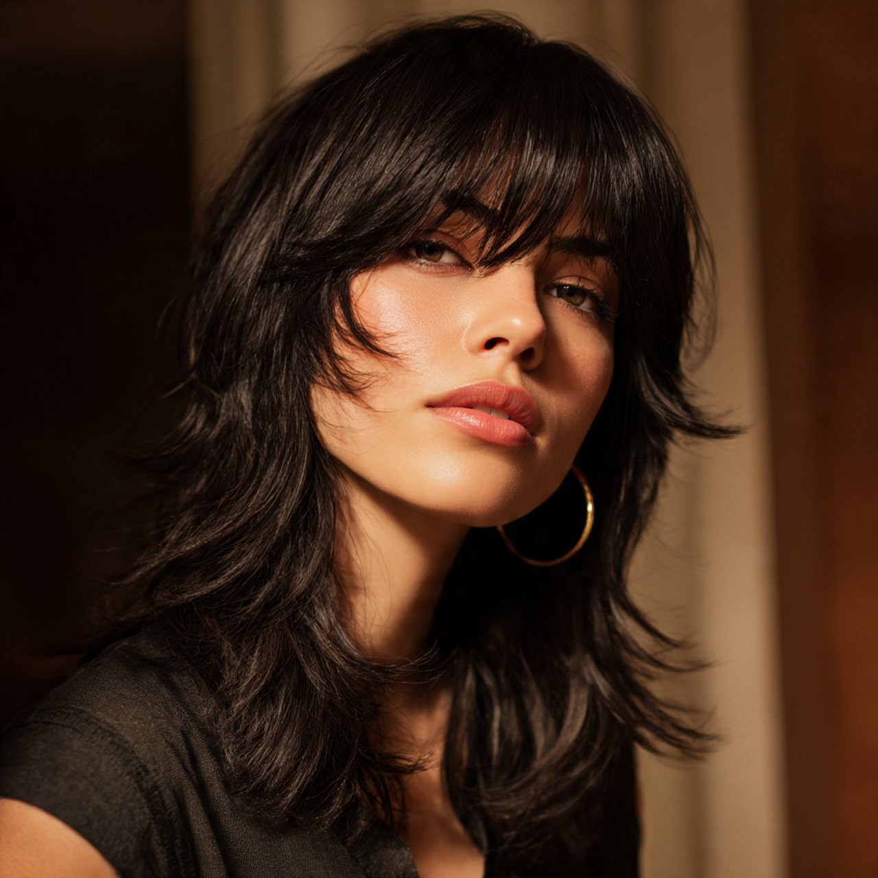 25 Black Wolf Cut Looks with Sharp Texture and Attitude 4 Black wolf cut with curtain fringe