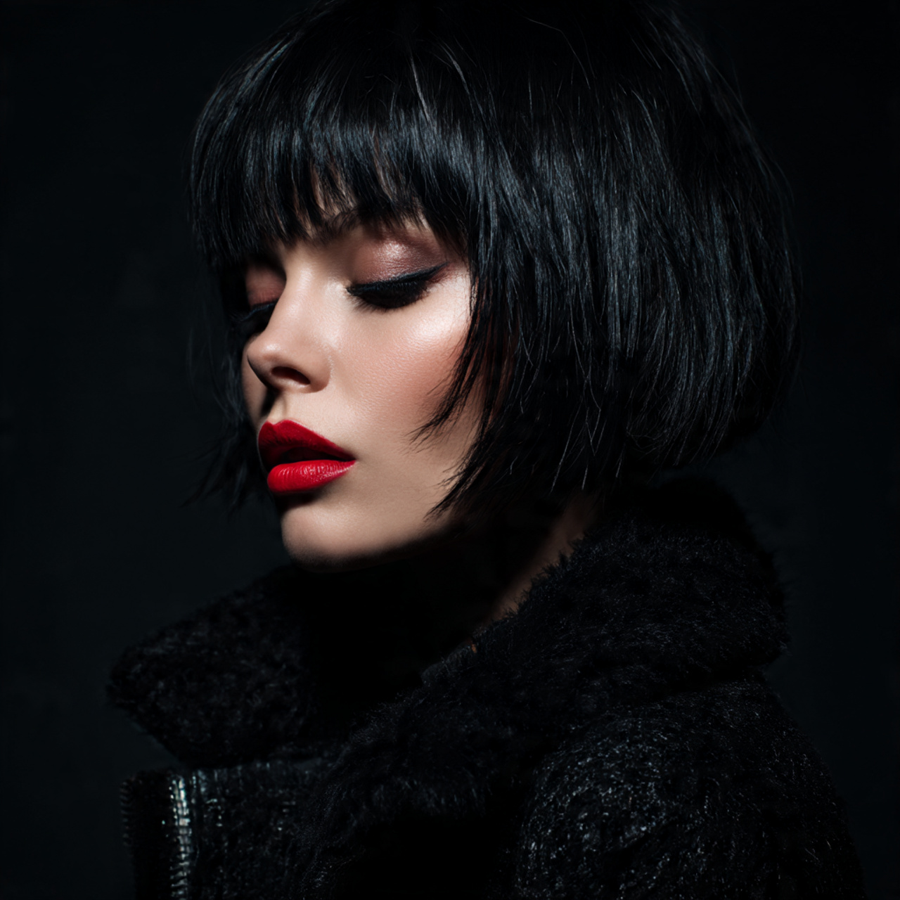 25 Black Wolf Cut Looks with Sharp Texture and Attitude 21 Black wolf cut with high contrast makeup