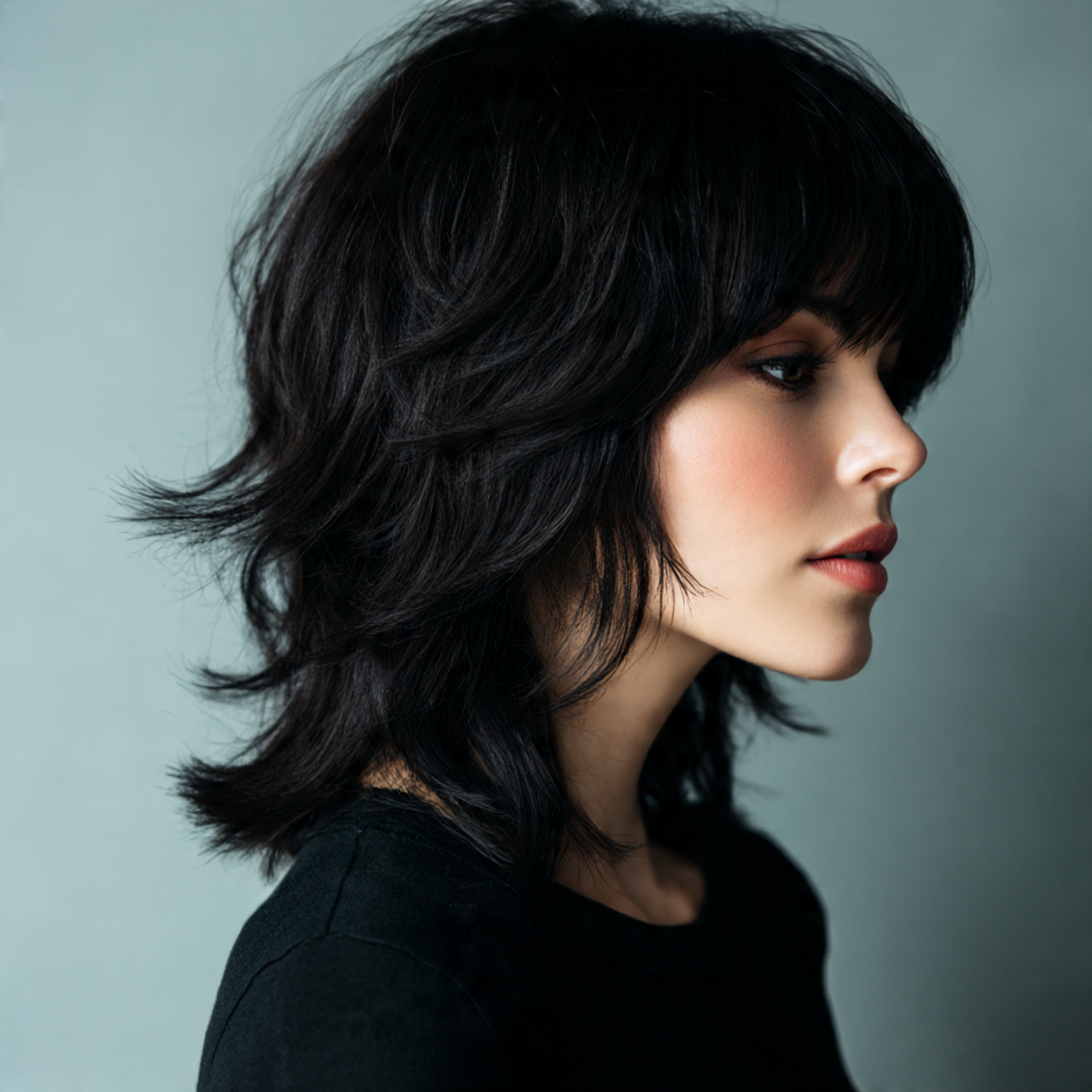 25 Black Wolf Cut Looks with Sharp Texture and Attitude 15 Black wolf cut with layered fringe