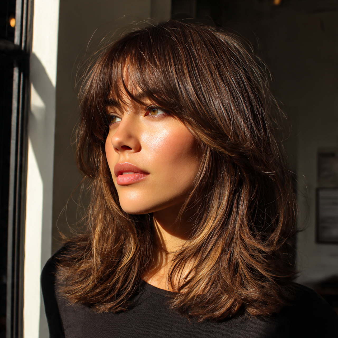 Brown Wolf Cut with Face-Framing Highlights