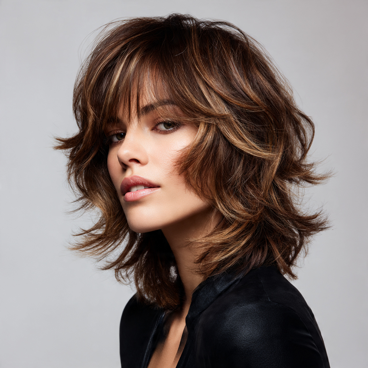 Brown Wolf Cut with Highlights and Lowlights