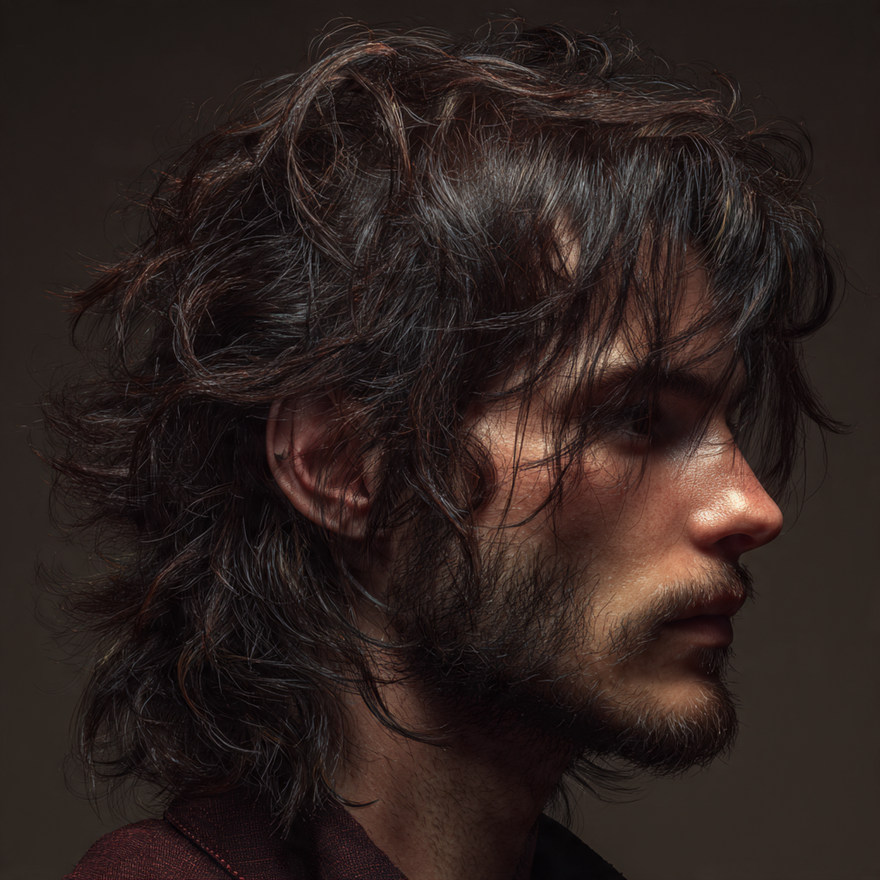 Layered Wolf Mullet Men with Face-Framing Structure