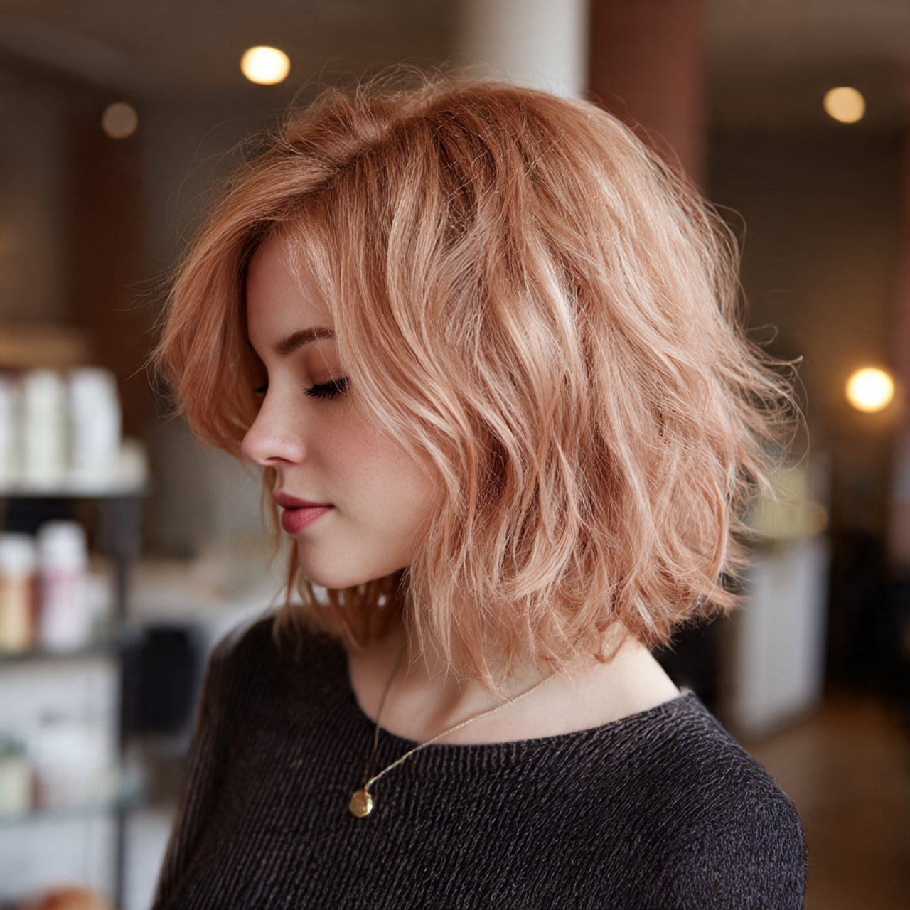 Pink wolf cut for female in rose gold with tousled texture