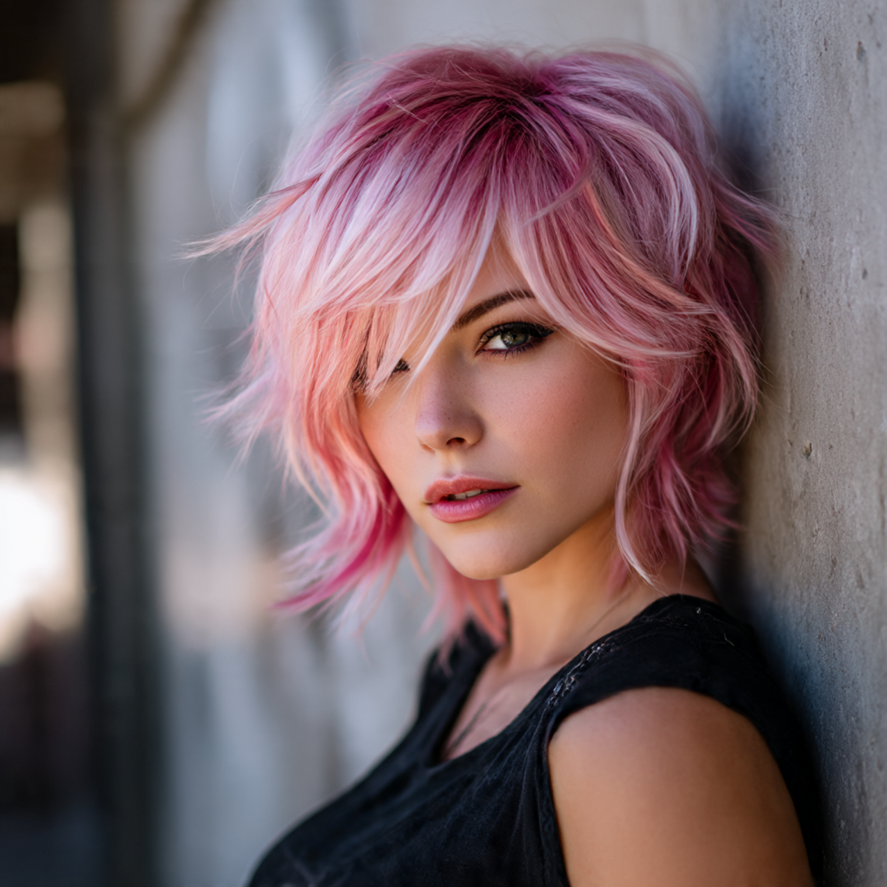 Pink wolf cut for female with asymmetrical pink layers