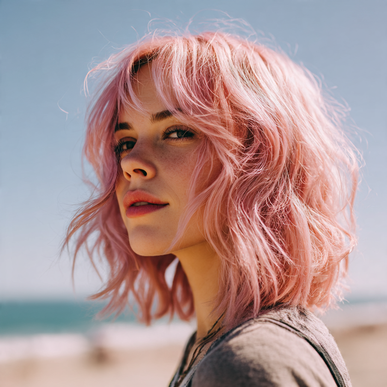 Pink wolf cut for female with beachy texture
