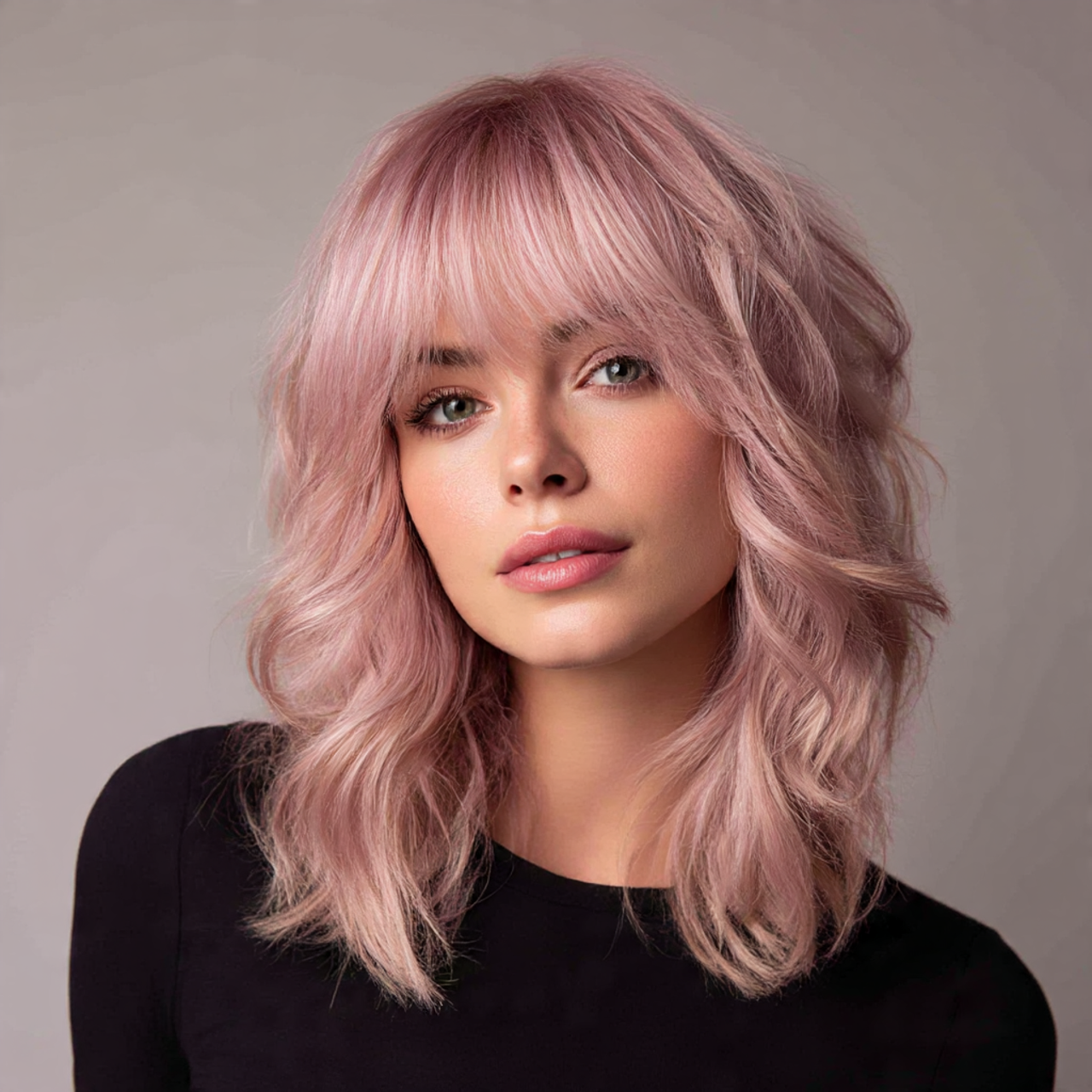 Pink wolf cut for female with blush pink waves