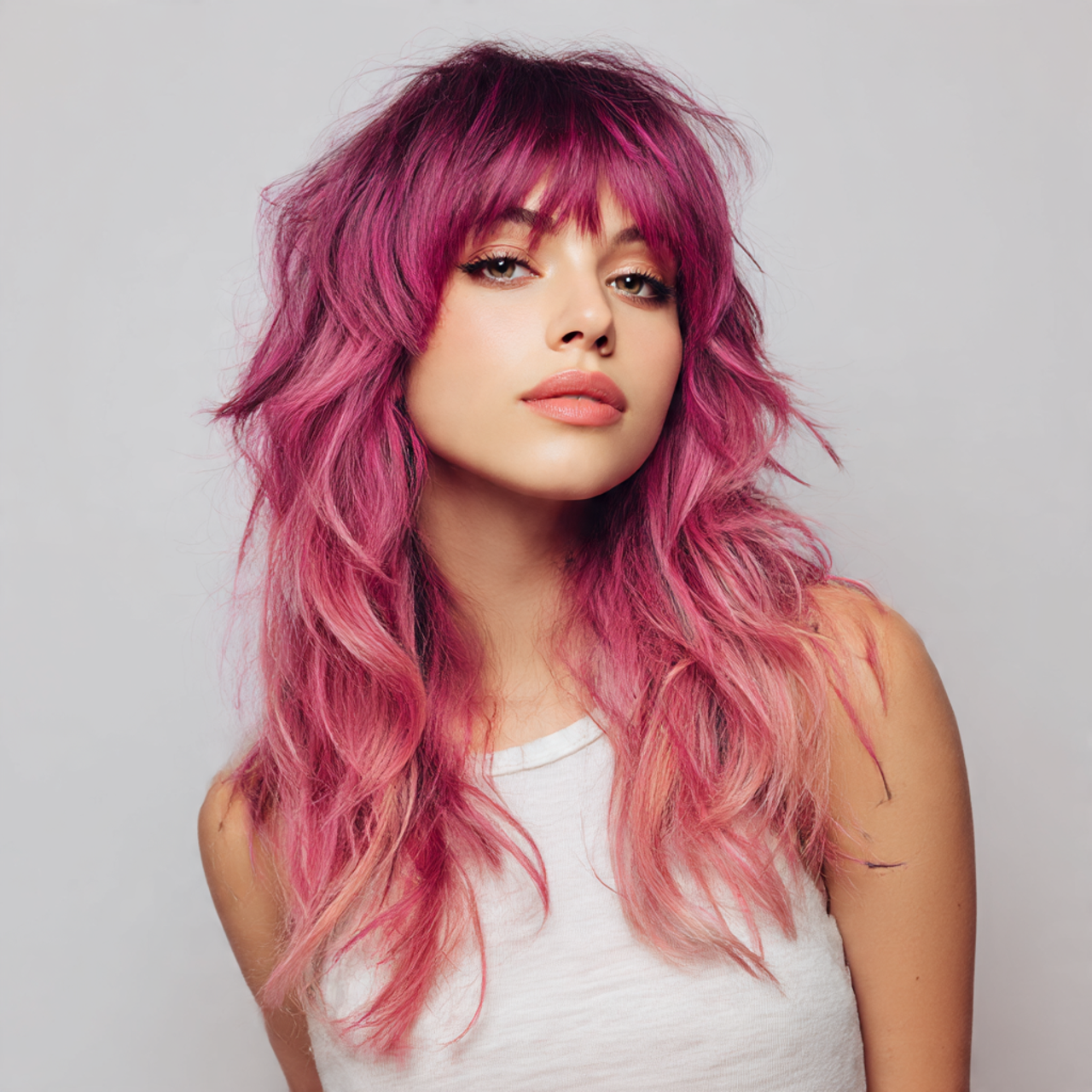 Pink wolf cut for female with hot pink fringe