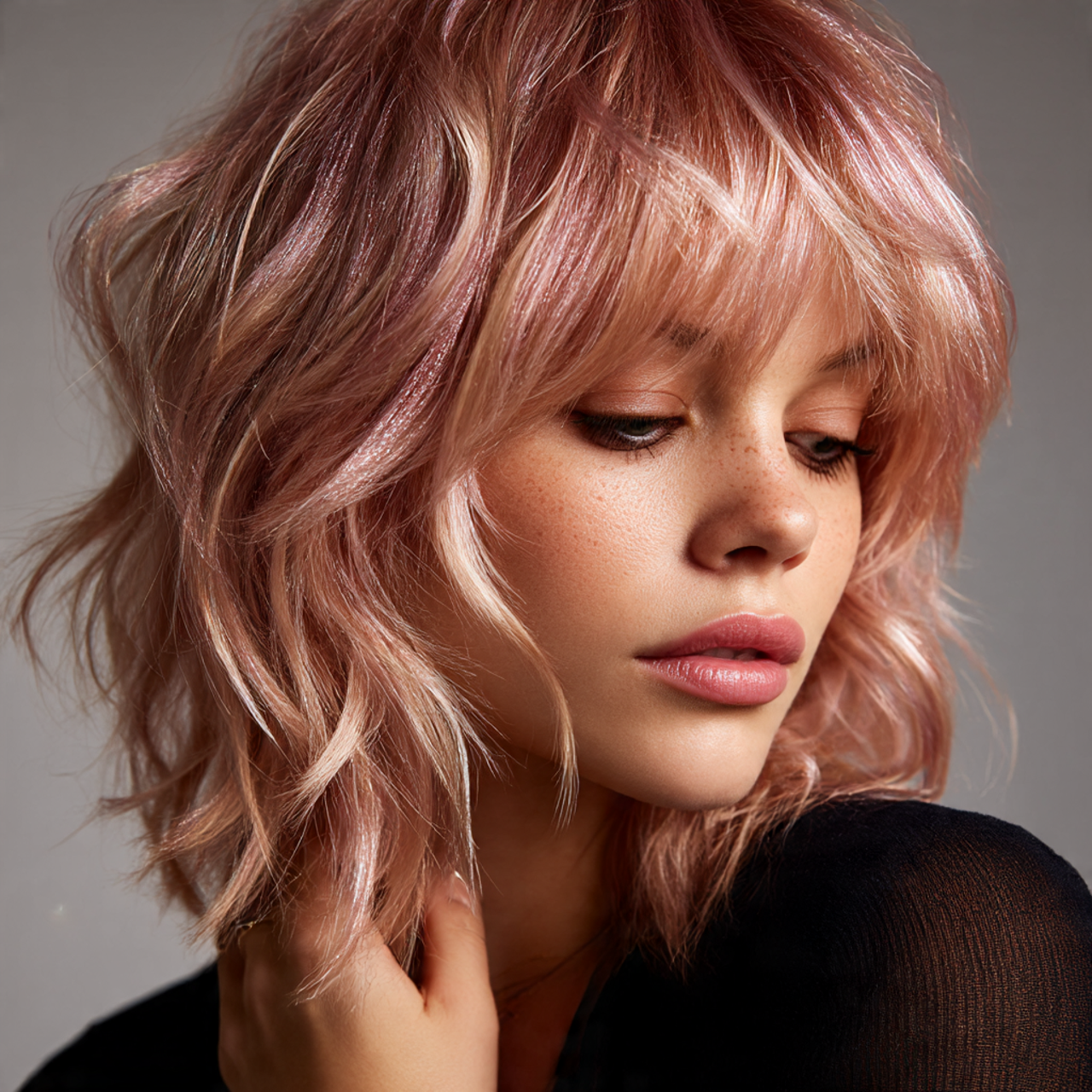 Pink wolf cut for female with metallic pink accents