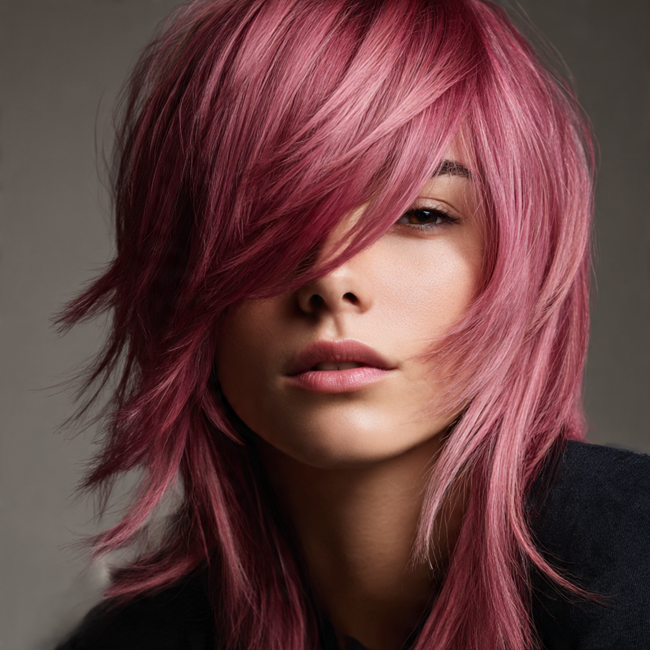 Pink wolf cut for female with right side sweep