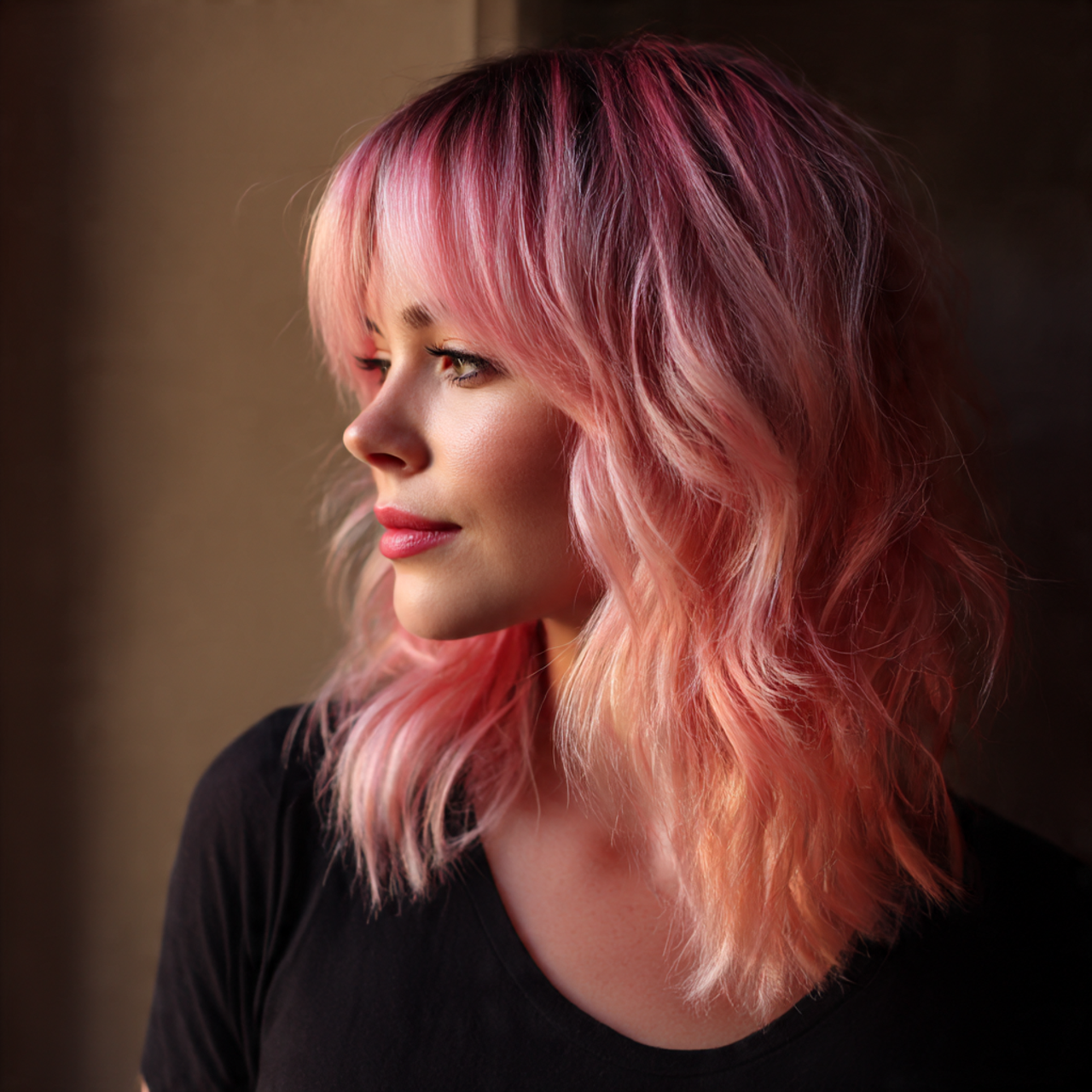 Pink wolf cut for female with root shadow pink