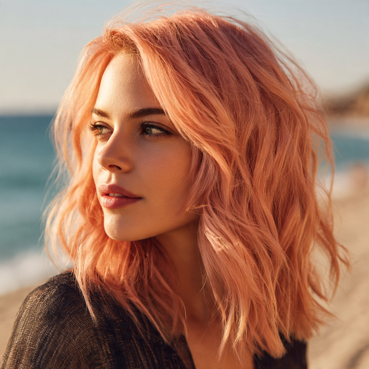 Pink wolf cut for female with salmon pink and beach waves