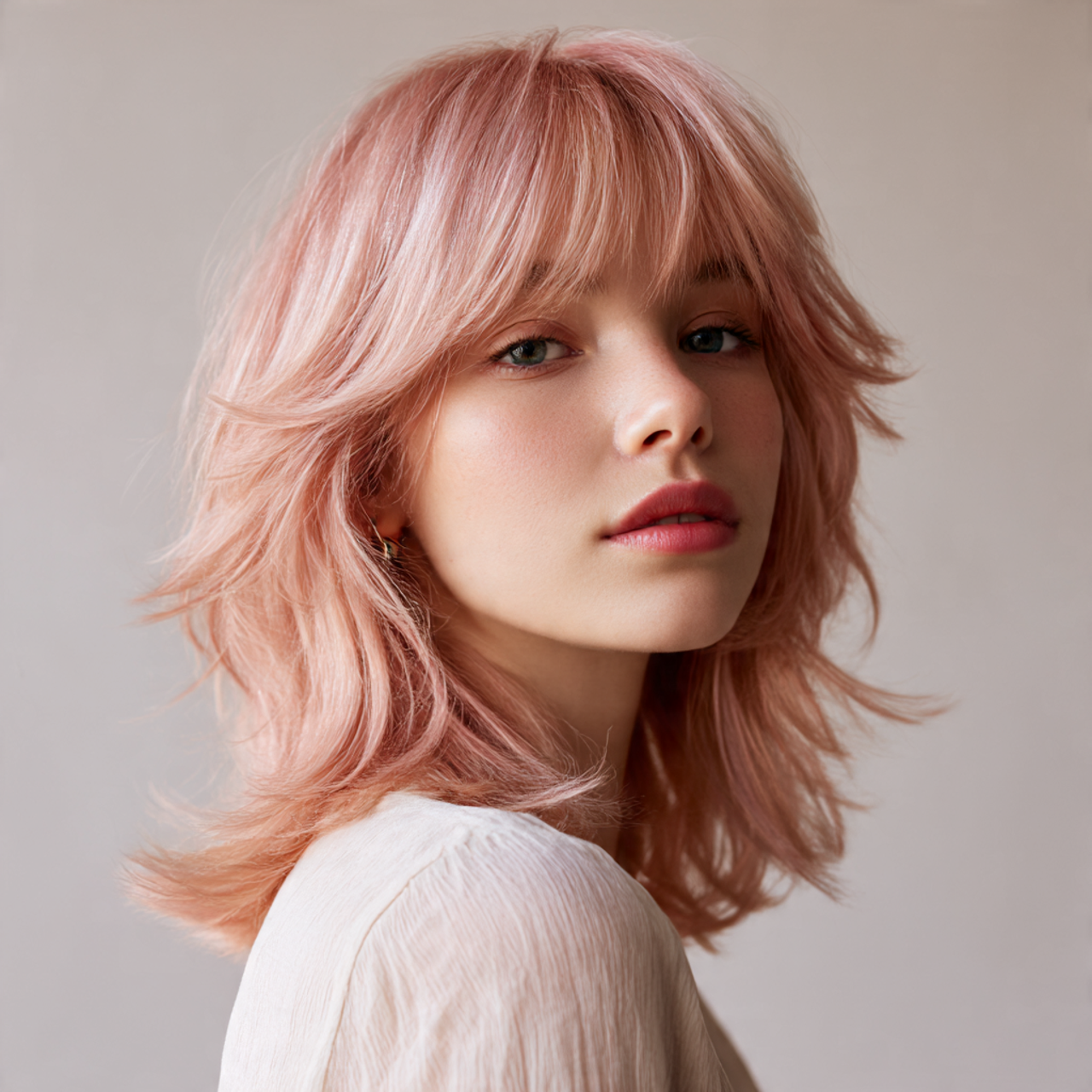 Pink wolf cut for female with soft forehead fringe