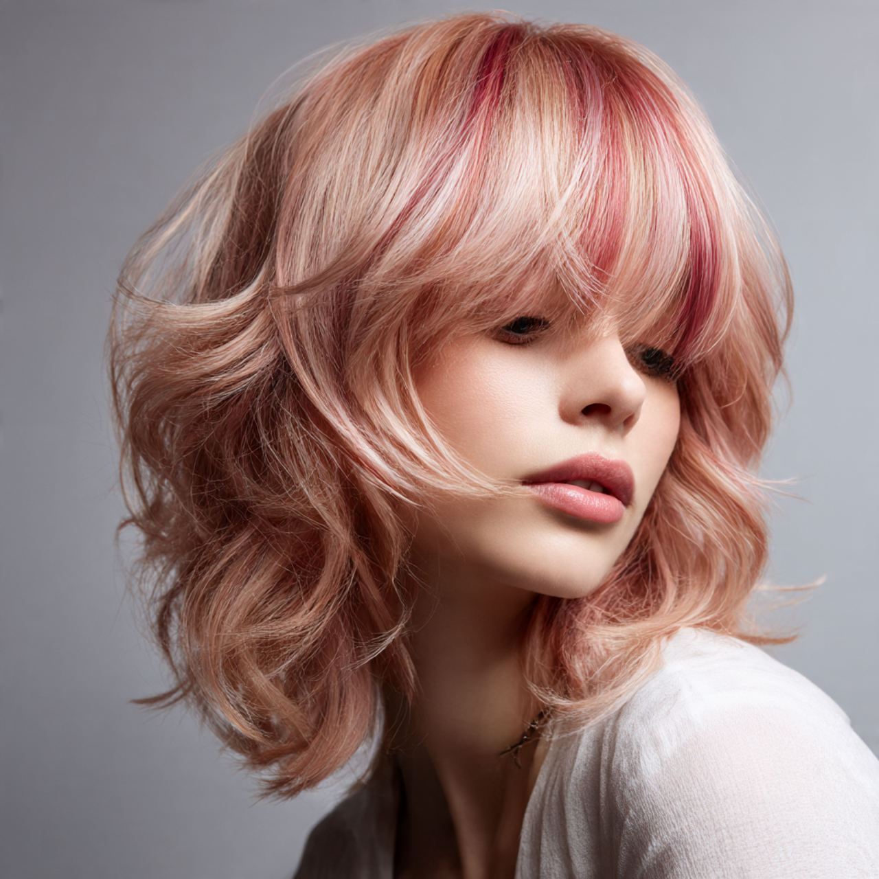 Pink wolf cut for female with two-tone pink highlights