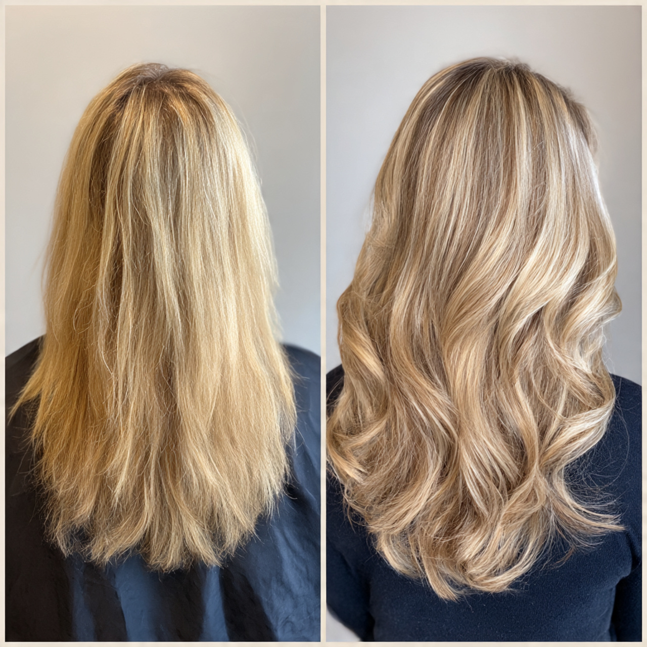 a before and after shot of a woman s blonde