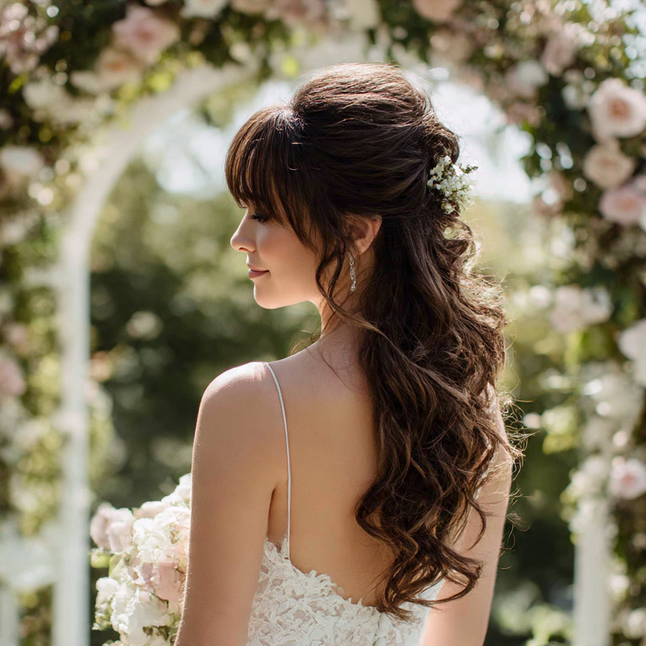 a bride showcasing a half up wolf cut