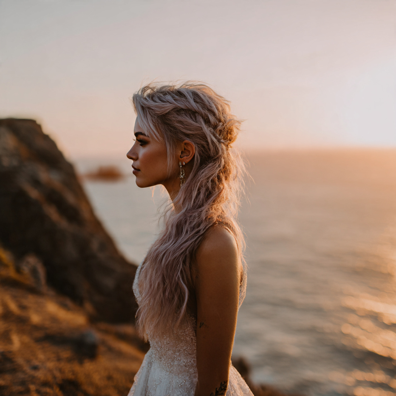 a bride with an asymmetrical wolf cut