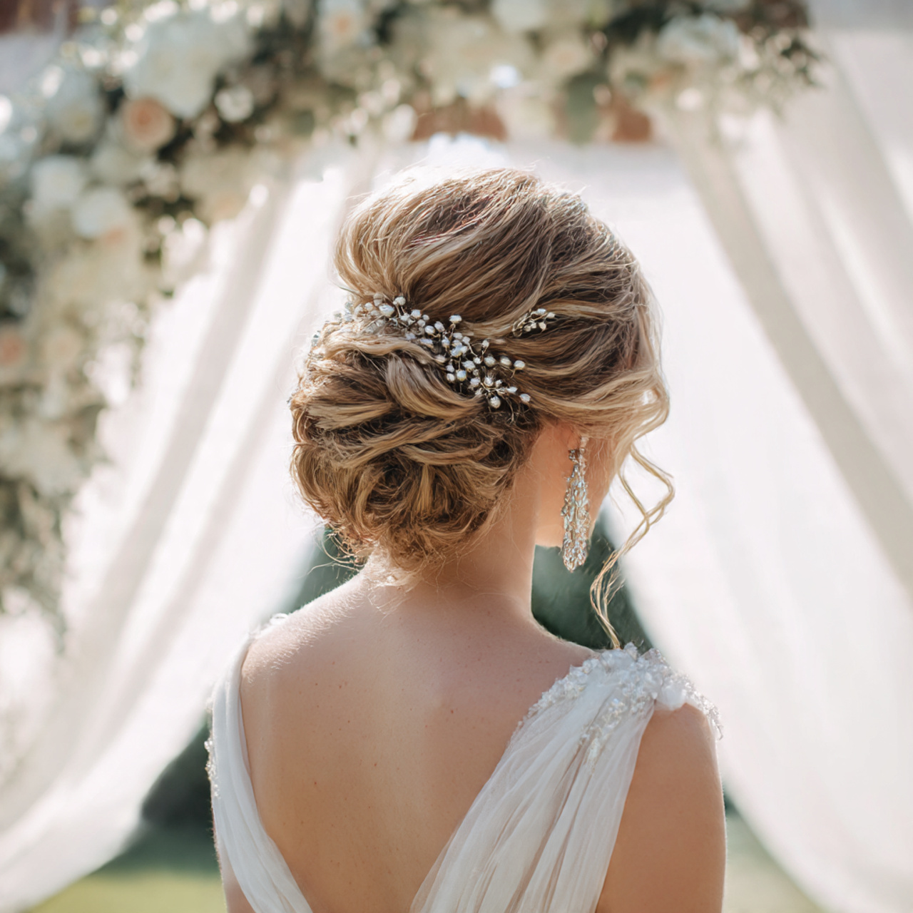 a bride with an elegant updo hairstyle