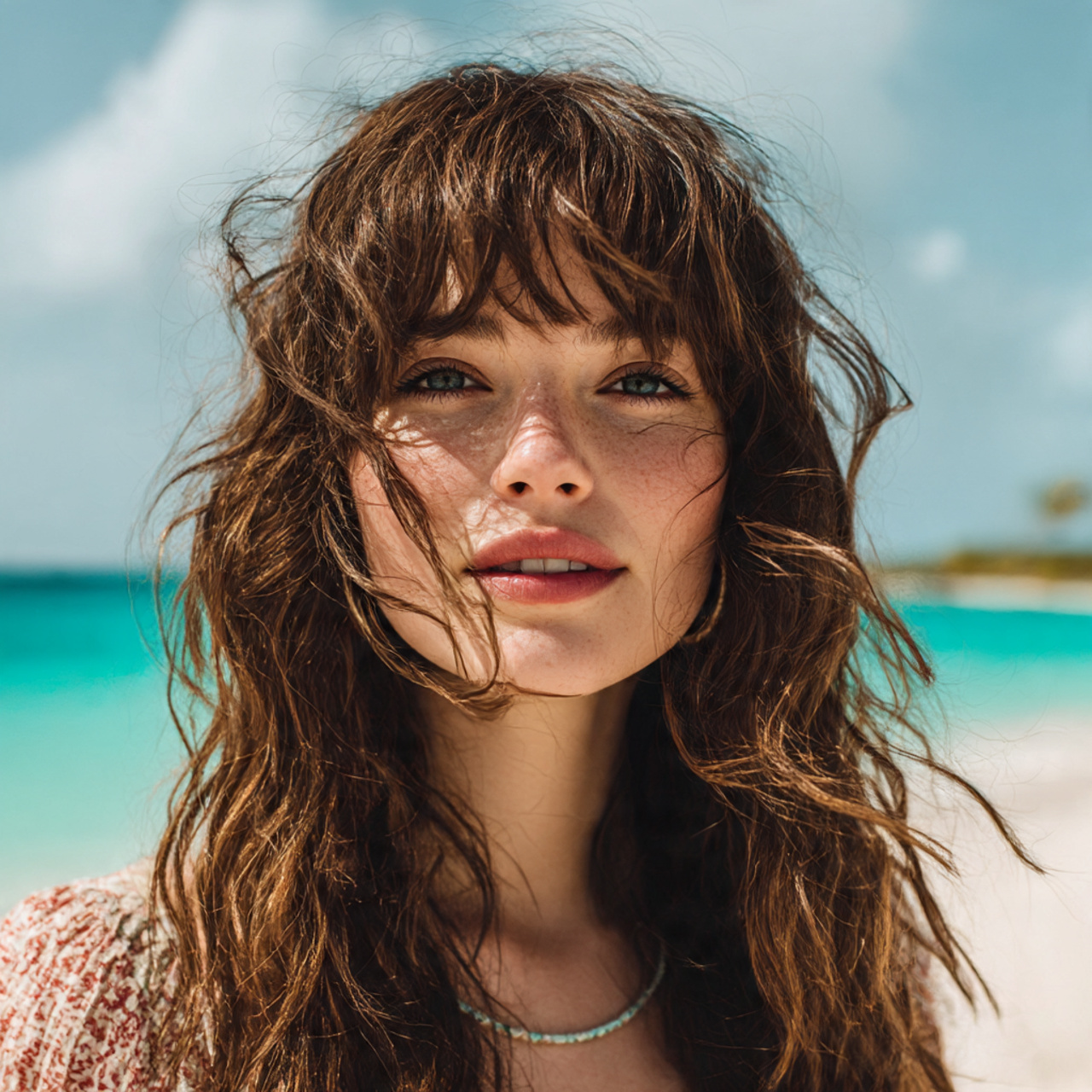 a carefree woman with naturally wavy beach inspired