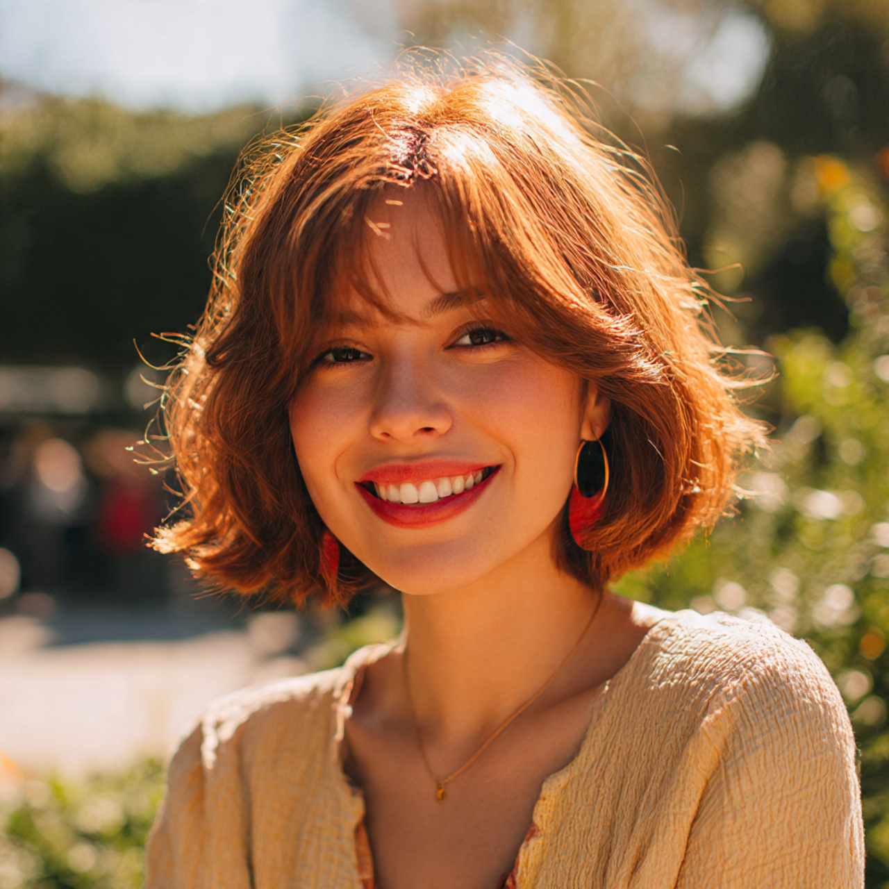 a cheerful woman with a heart shaped face