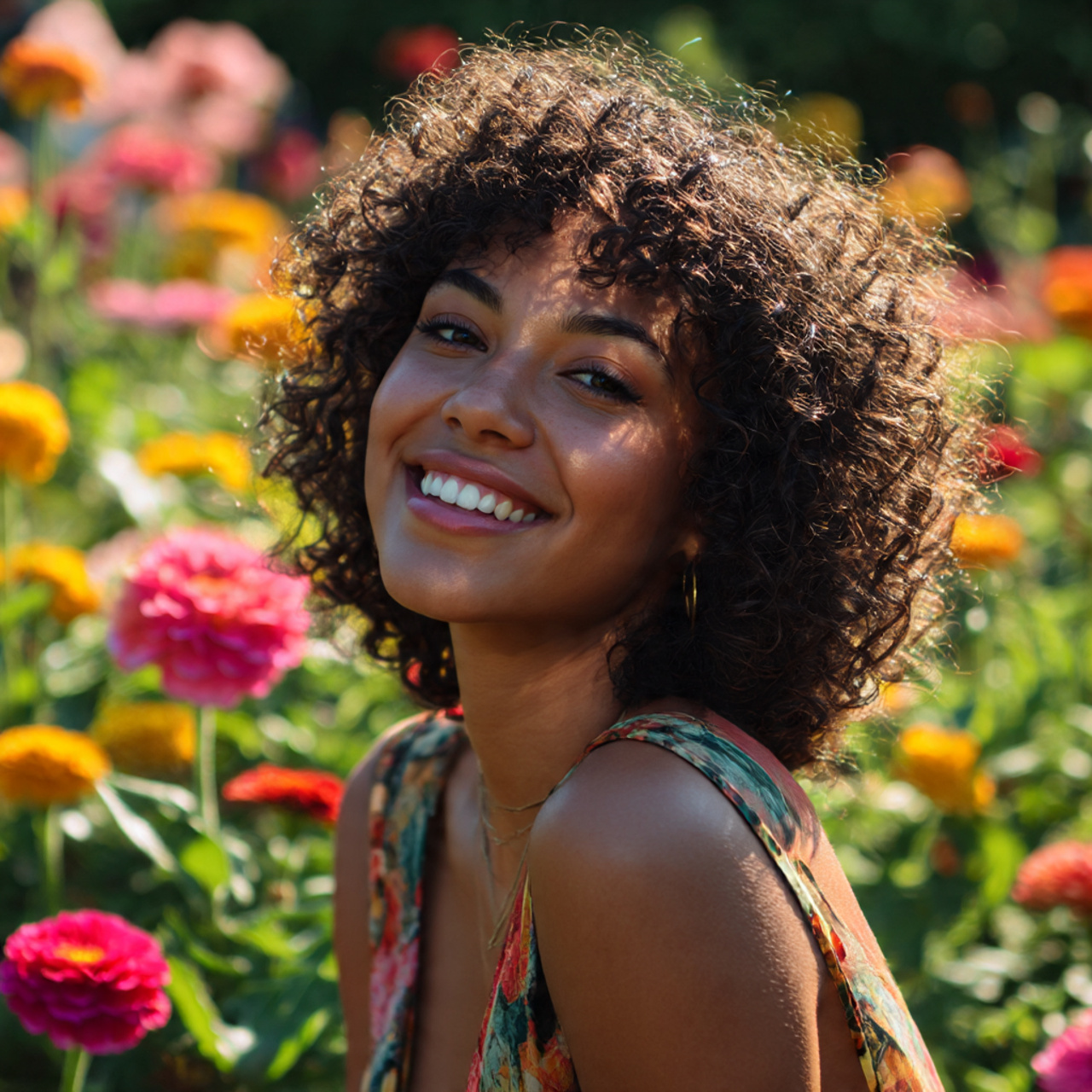 a cheerful woman with curly wolf cut
