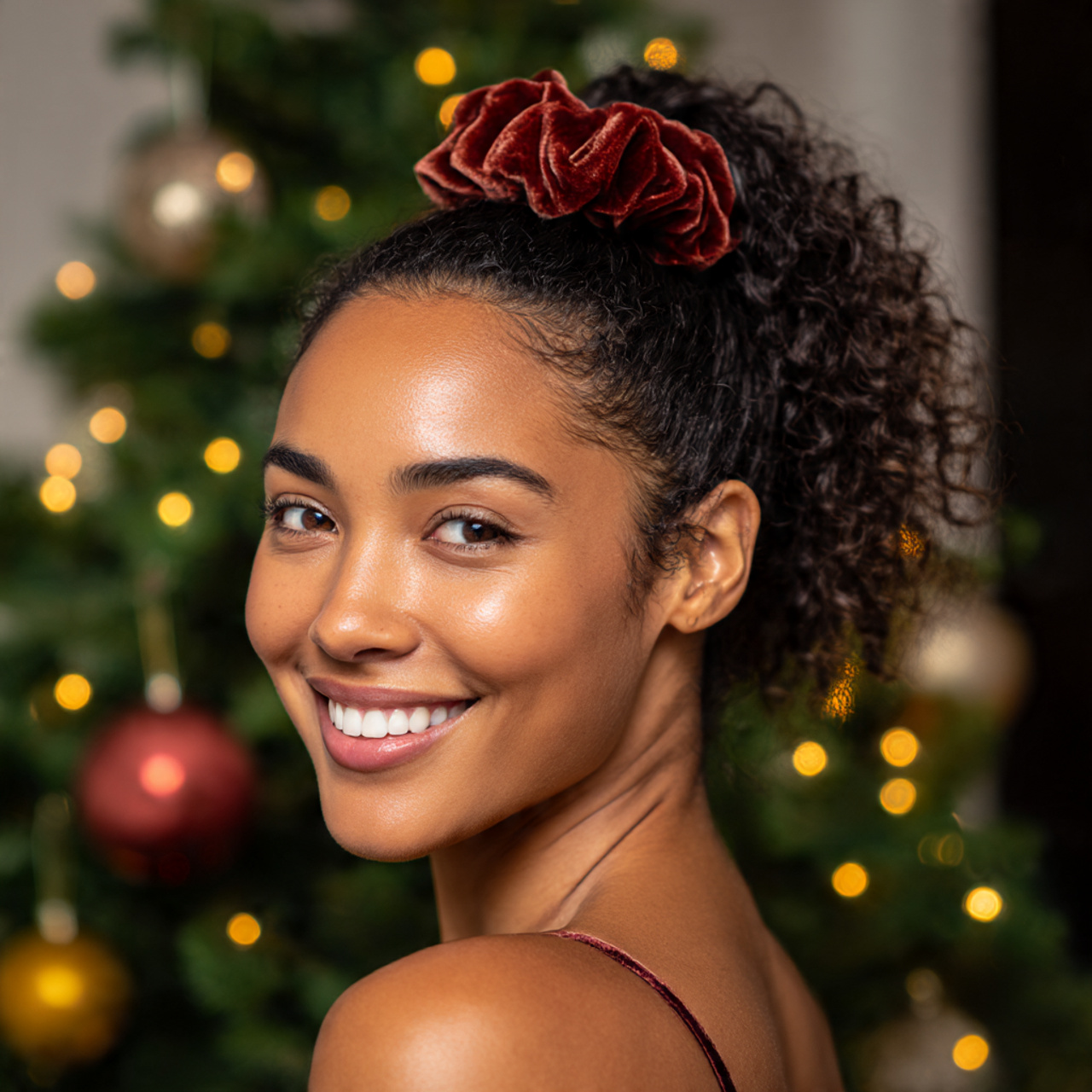 Gorgeous 25 Christmas Hairstyles Ideas for Every Holiday Event 18 a cheerful woman with medium dark skin tone