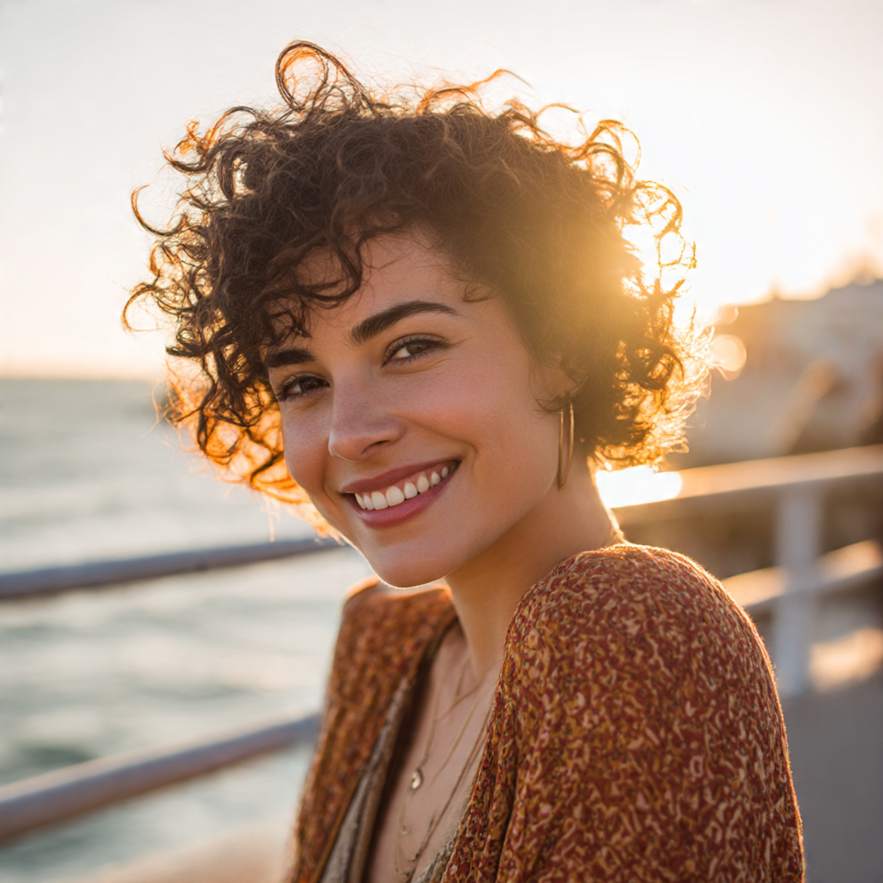 a cheerful woman with short curly hair