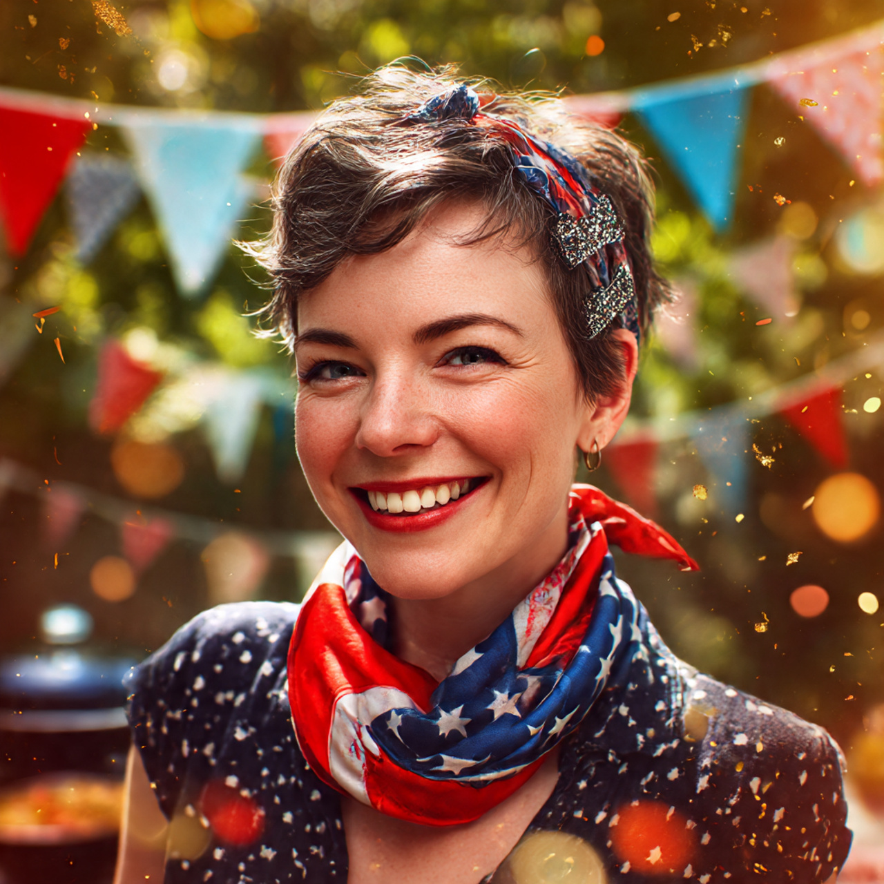 a cheerful woman with short hair styled