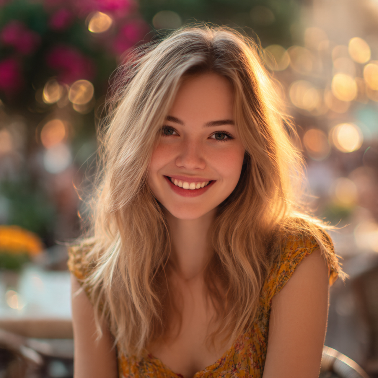 a cheerful young woman with summer hair