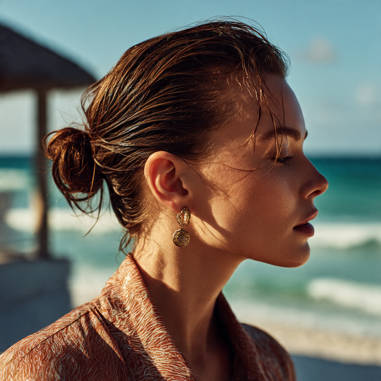 a chic woman with a slicked back wet